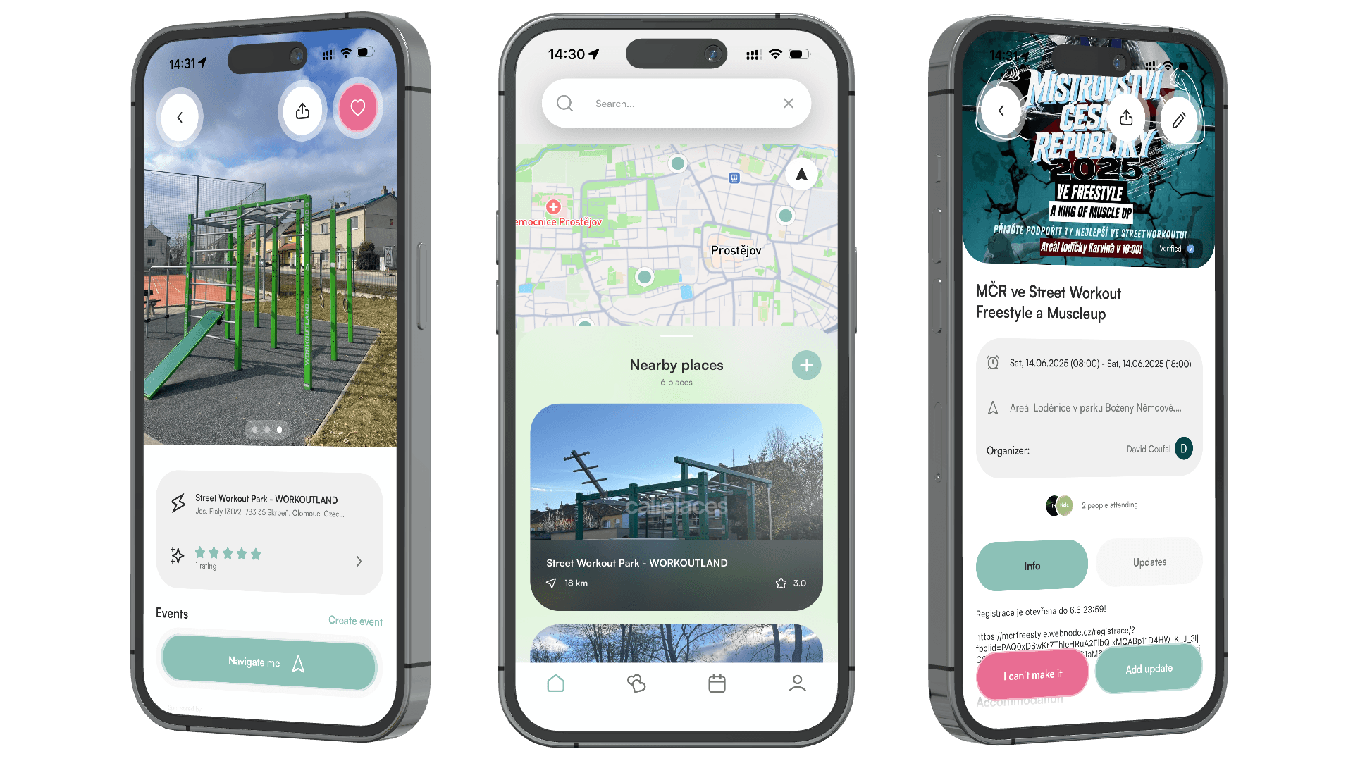 Caliplaces mobile app screenshots showing calisthenics park map, spot details with reviews, and upcoming street workout events