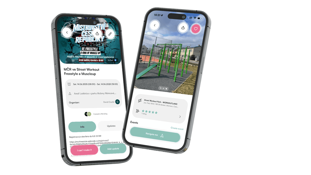Caliplaces calisthenics park finder app displayed on iPhone and Android phones